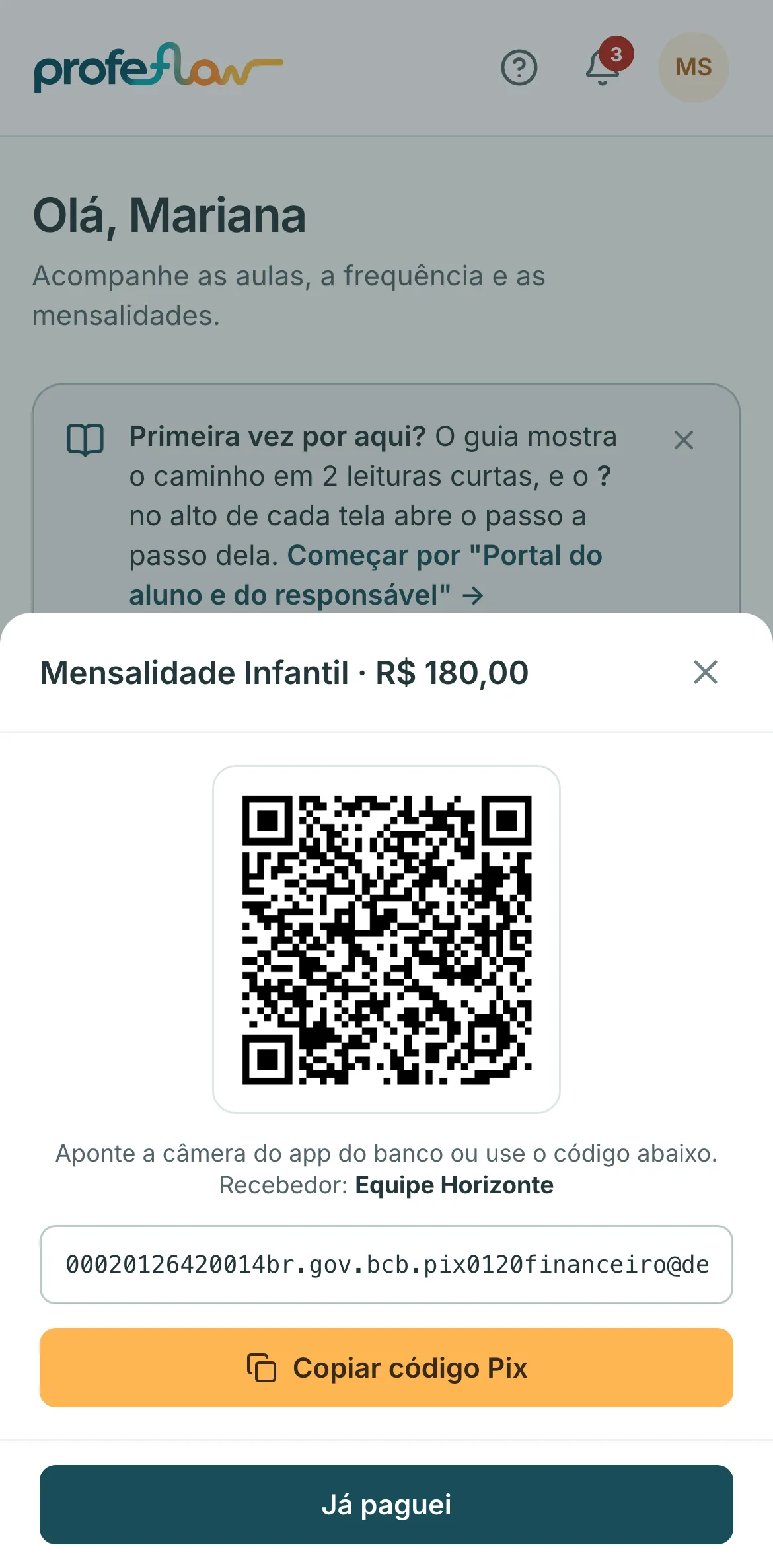 Mensalidade com QR Code e código Pix copia e cola